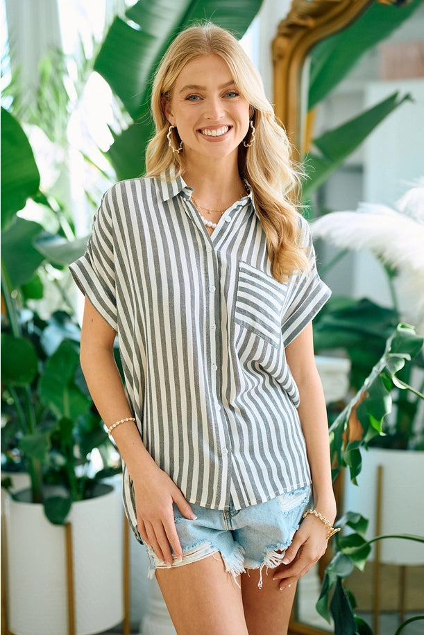 Striped Short Sleeve top with Rolled Cuffs