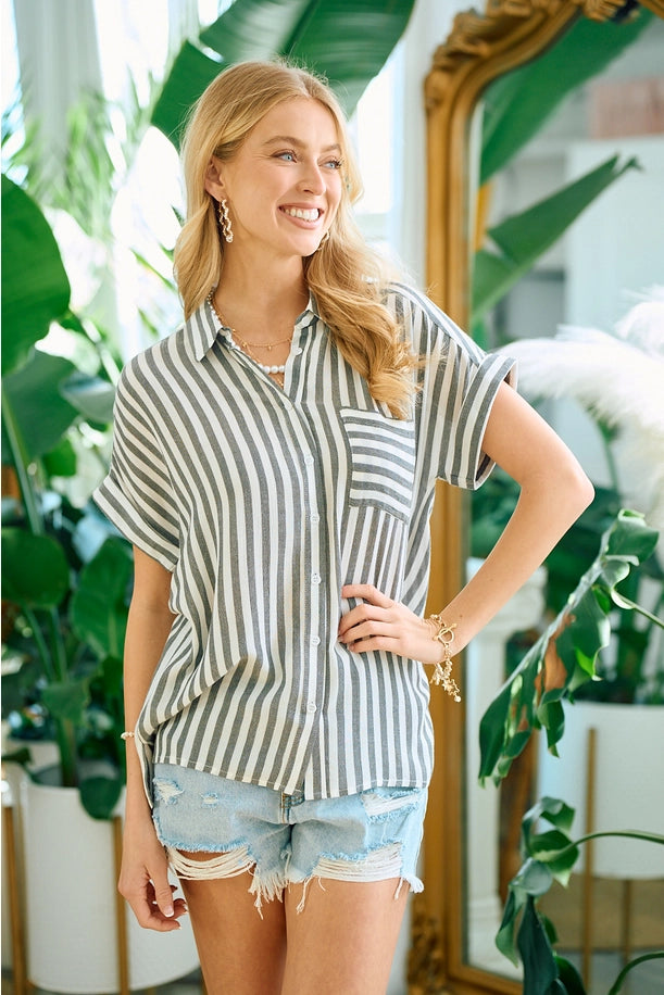 Striped Short Sleeve top with Rolled Cuffs