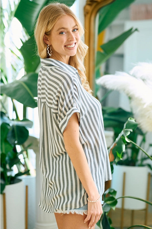 Striped Short Sleeve top with Rolled Cuffs