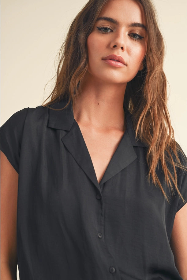 BUTTON DOWN CAP SLEEVE SHIRTS in Black