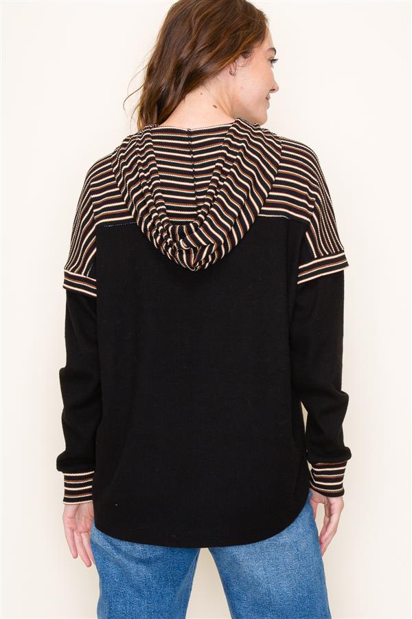 Striped Thermal hoodie in black/ striped