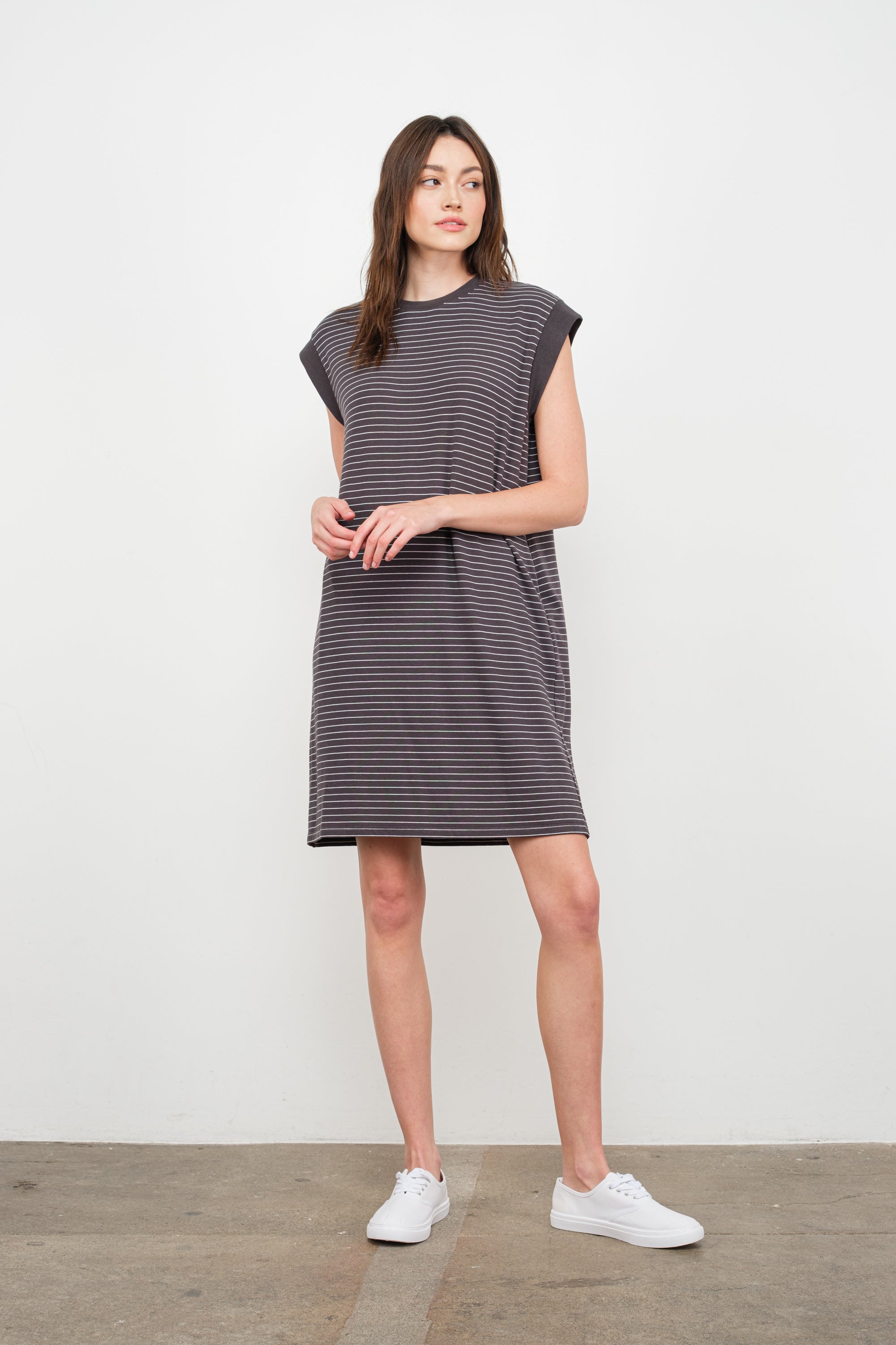 Striped Knit Dress Charcoal and white