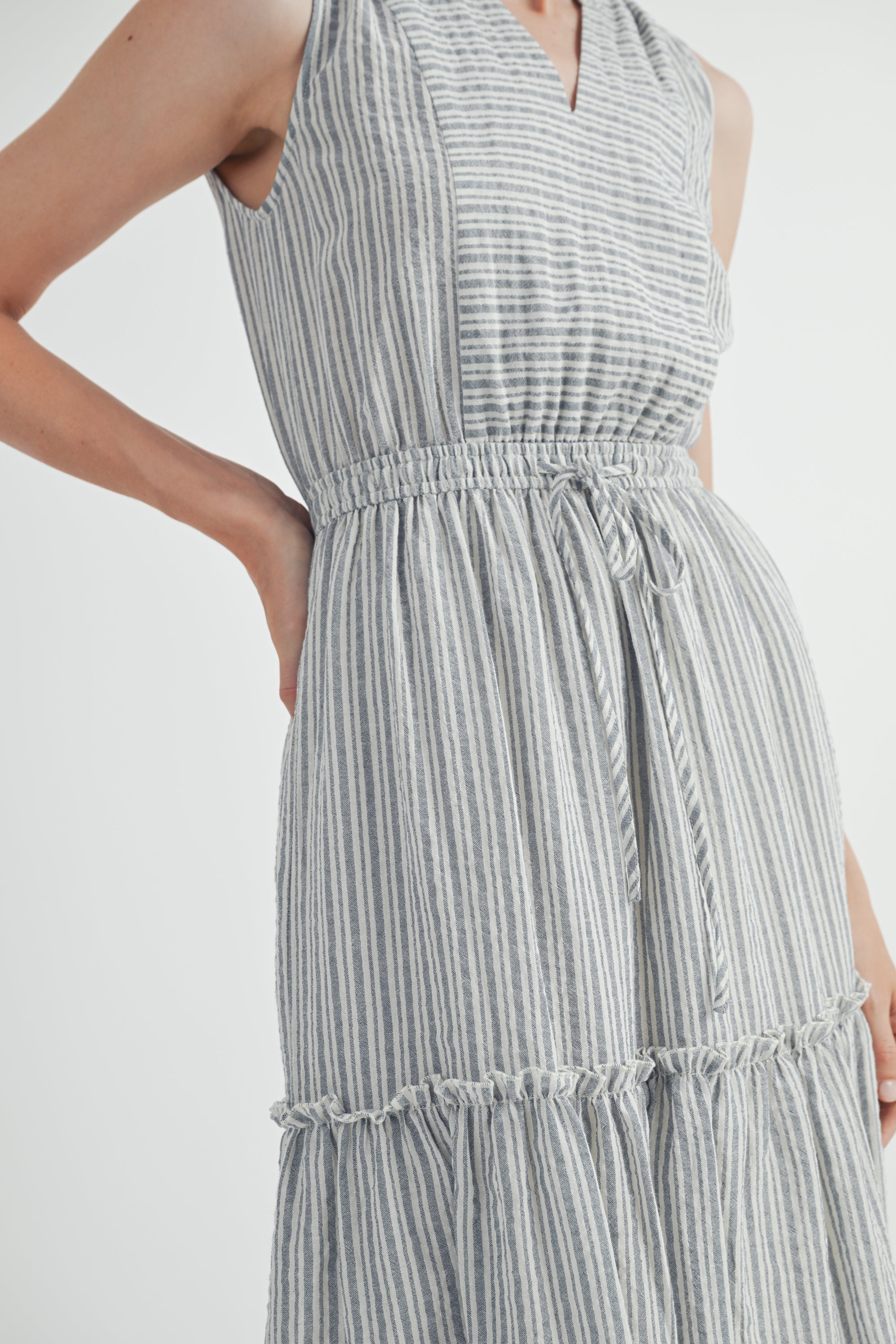 Blue Stripe V Neck Sleeveless Midi Dress