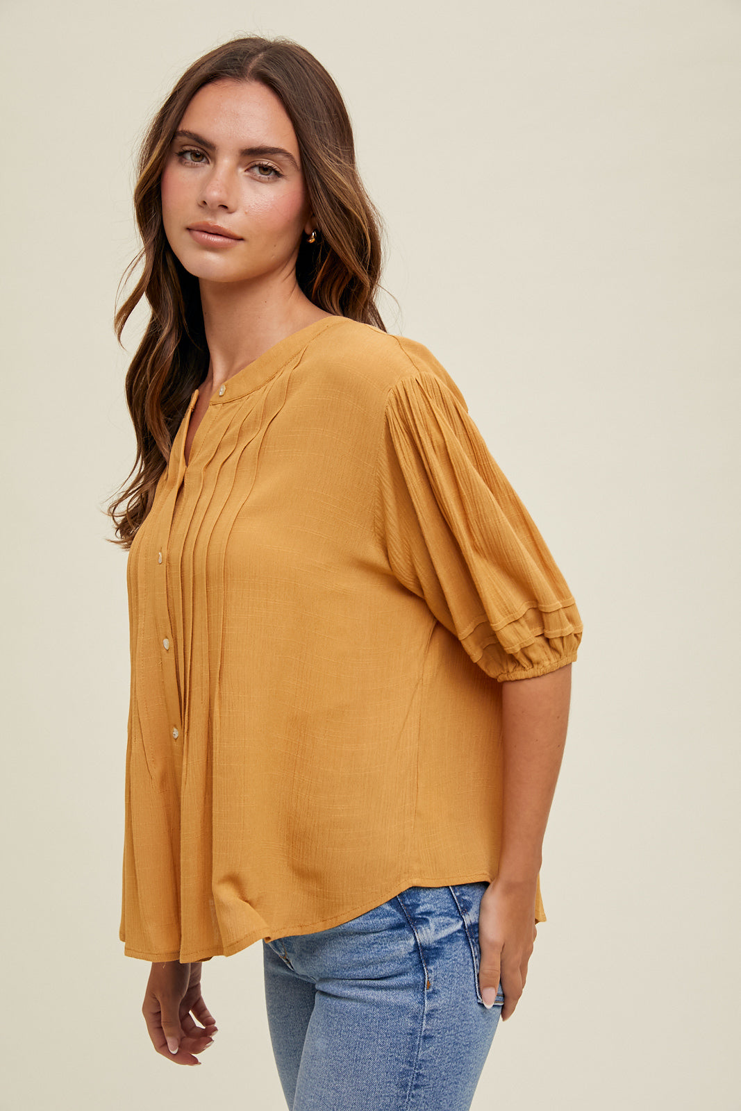 Balloon Sleeve Pleated Blouse in Two Colors