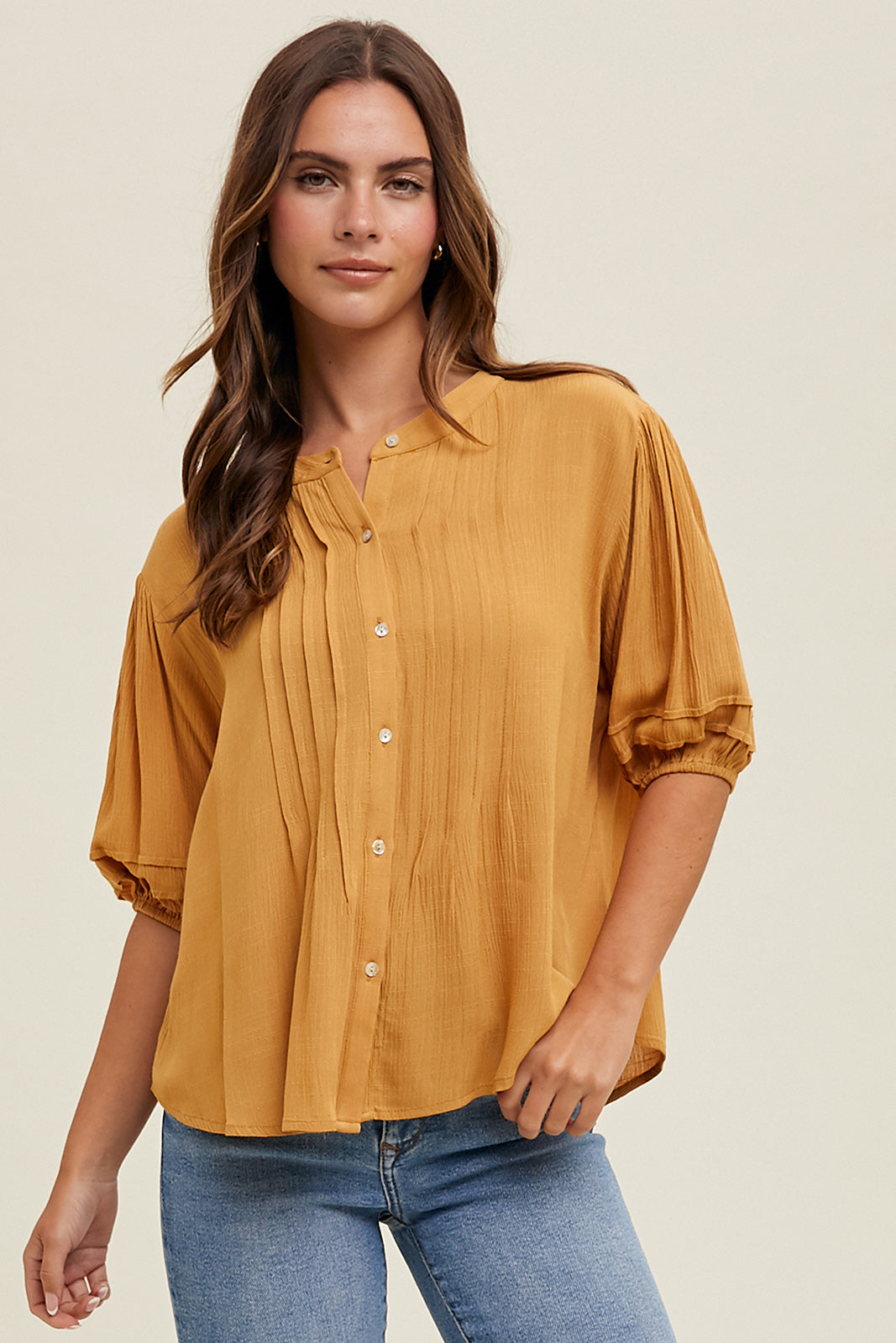 Balloon Sleeve Pleated Blouse in Two Colors