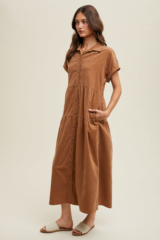 Stripe Corduroy Button-Up Dress in Mocha and Brown