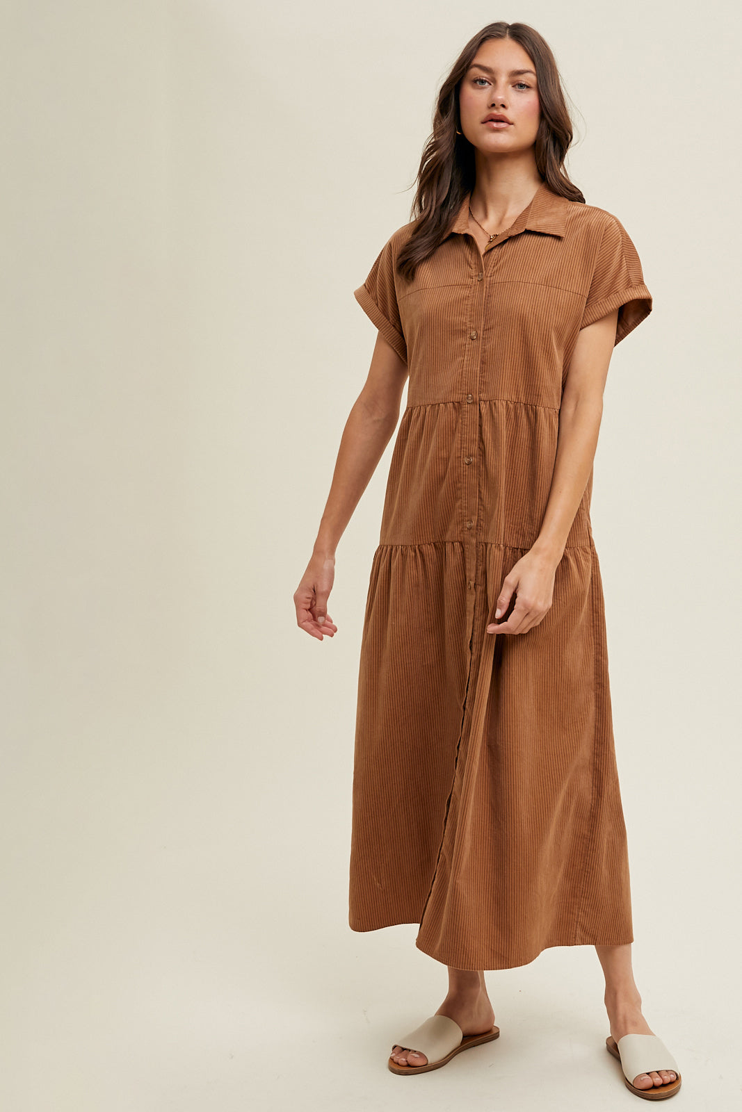 Stripe Corduroy Button-Up Dress in Mocha and Brown