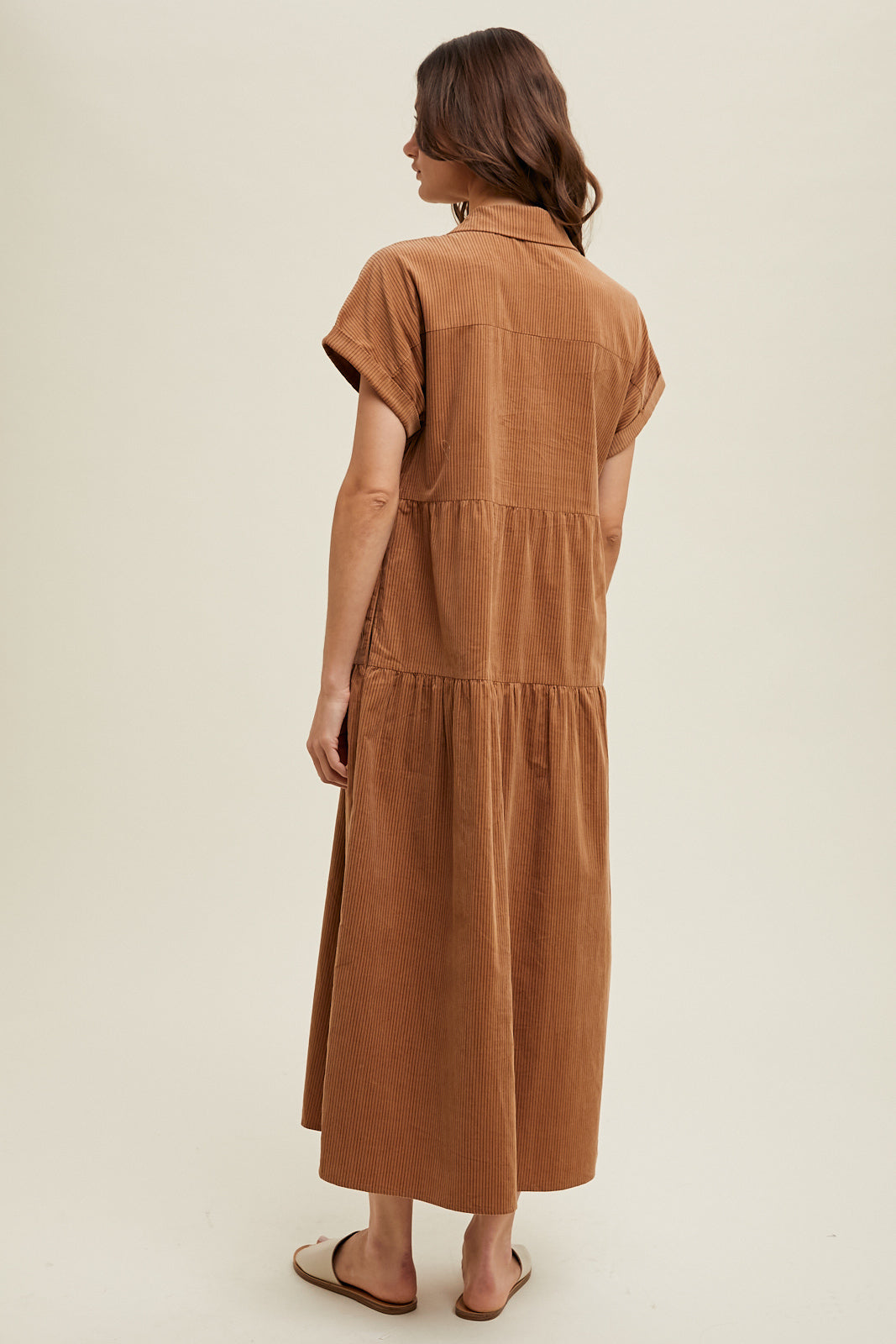 Stripe Corduroy Button-Up Dress in Mocha and Brown