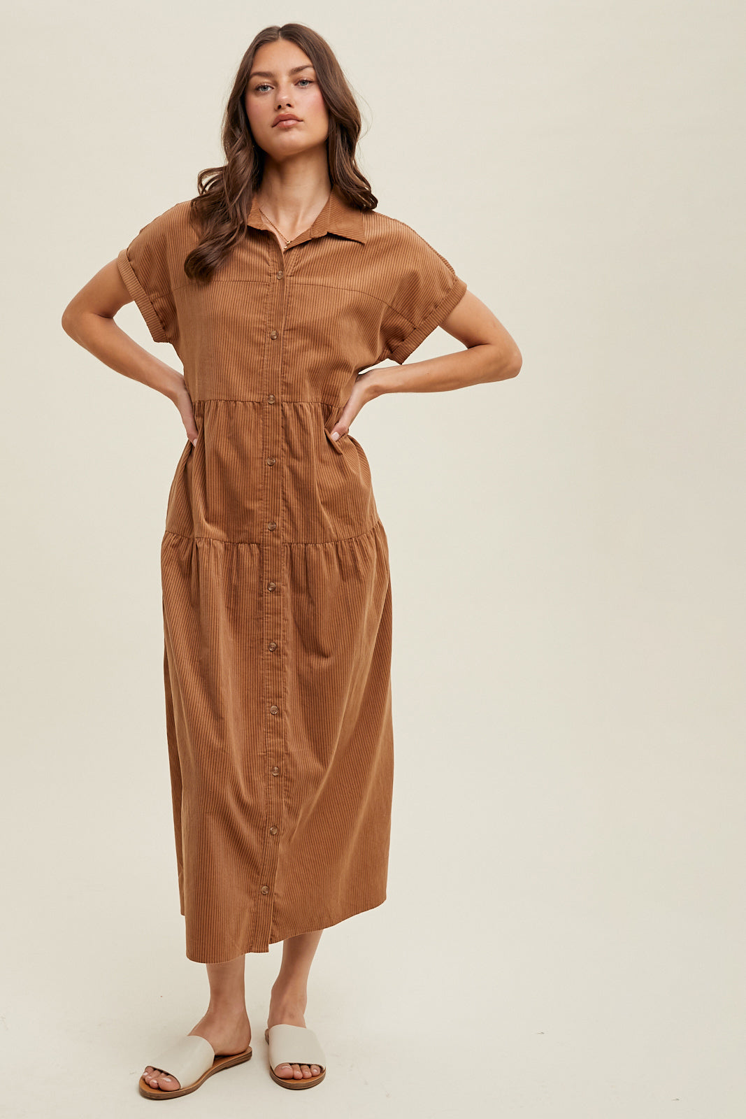 Stripe Corduroy Button-Up Dress in Mocha and Brown