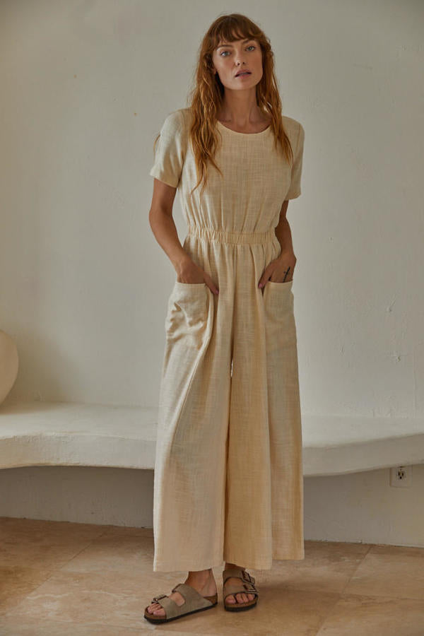 Linen Jumpsuit with Back Opening in Cream