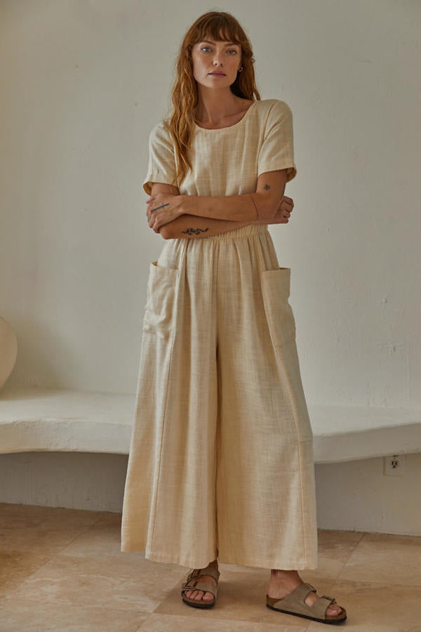 Linen Jumpsuit with Back Opening in Cream