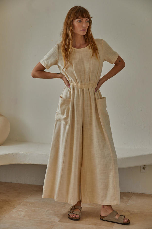 Linen Jumpsuit with Back Opening in Cream