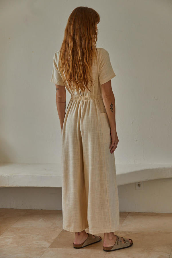 Linen Jumpsuit with Back Opening in Cream