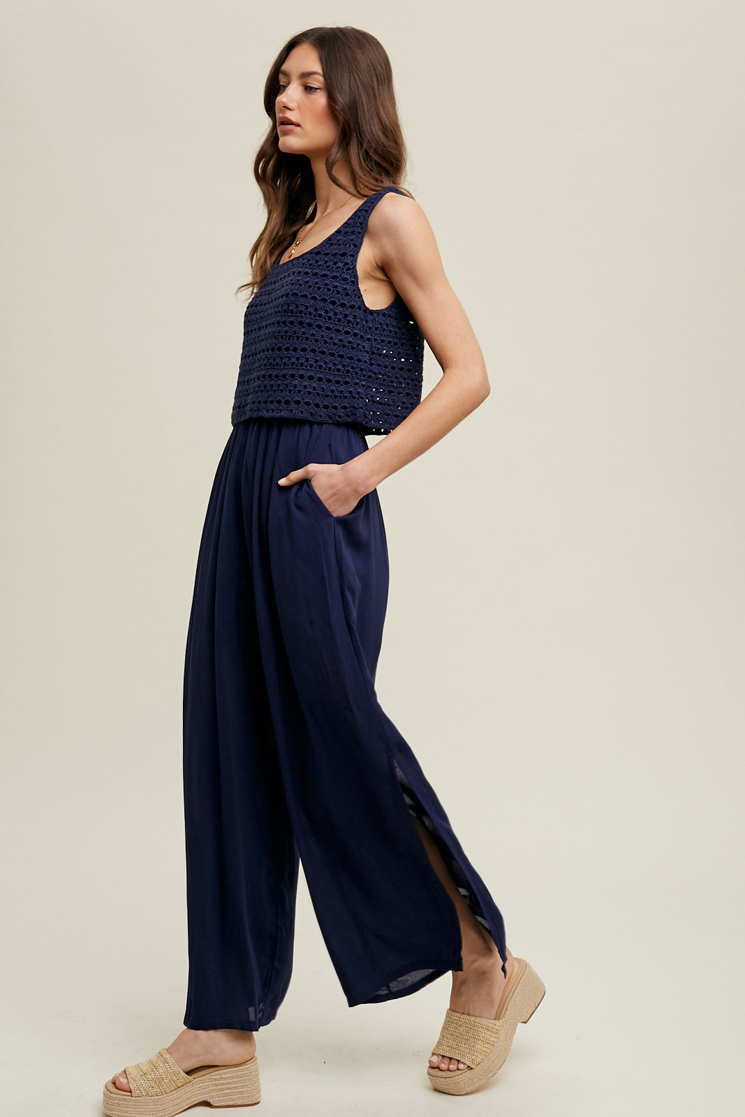 Crochet Detail Jumpsuit in Navy