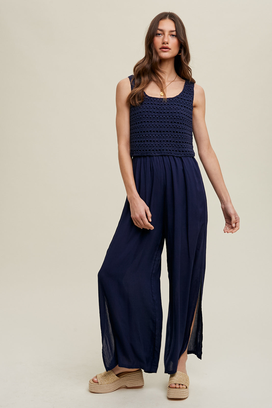 Crochet Detail Jumpsuit in Navy