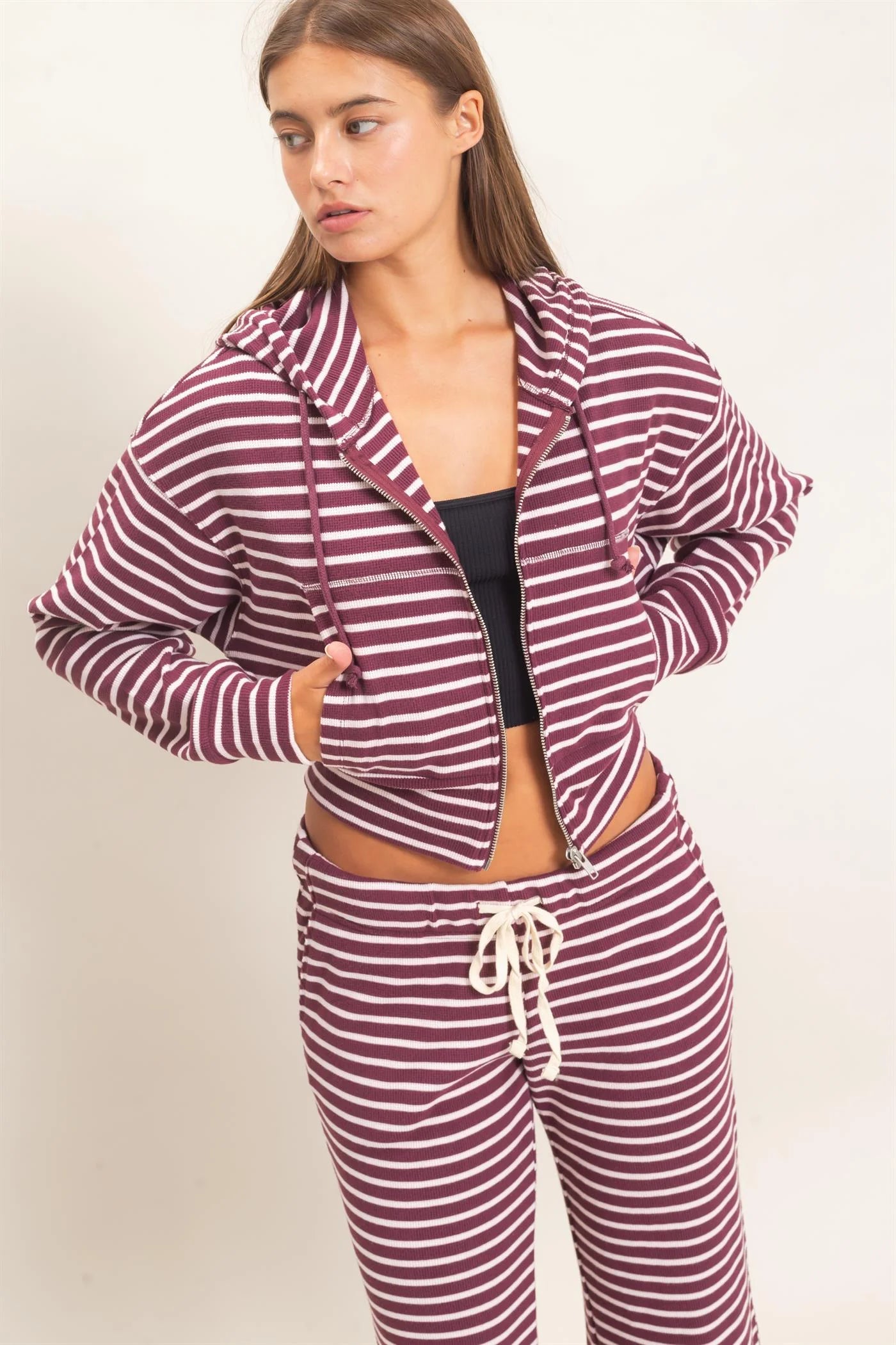 Stripe Waffle Knit Hoodie in Dark Cherry