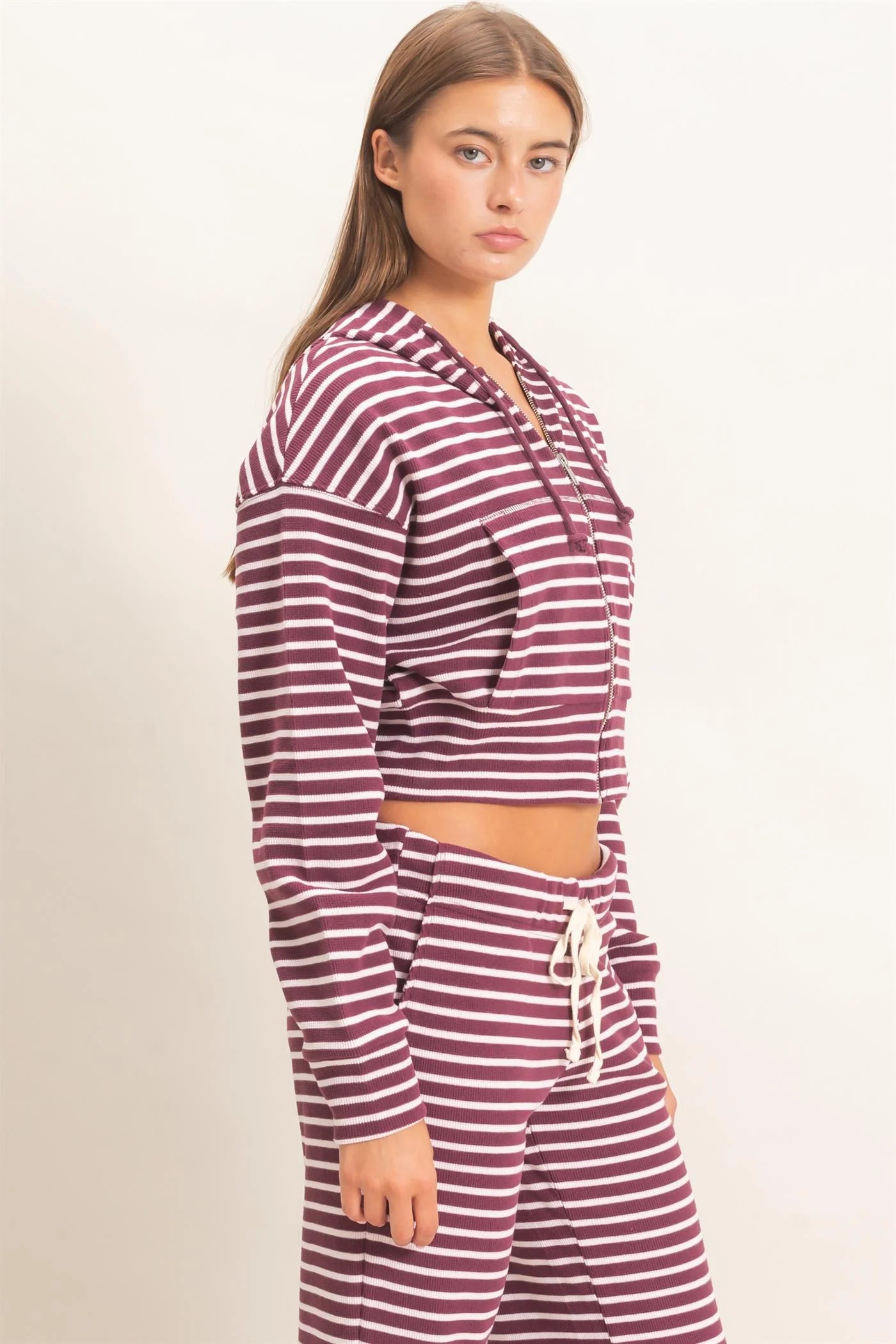 Stripe Waffle Knit Hoodie in Dark Cherry