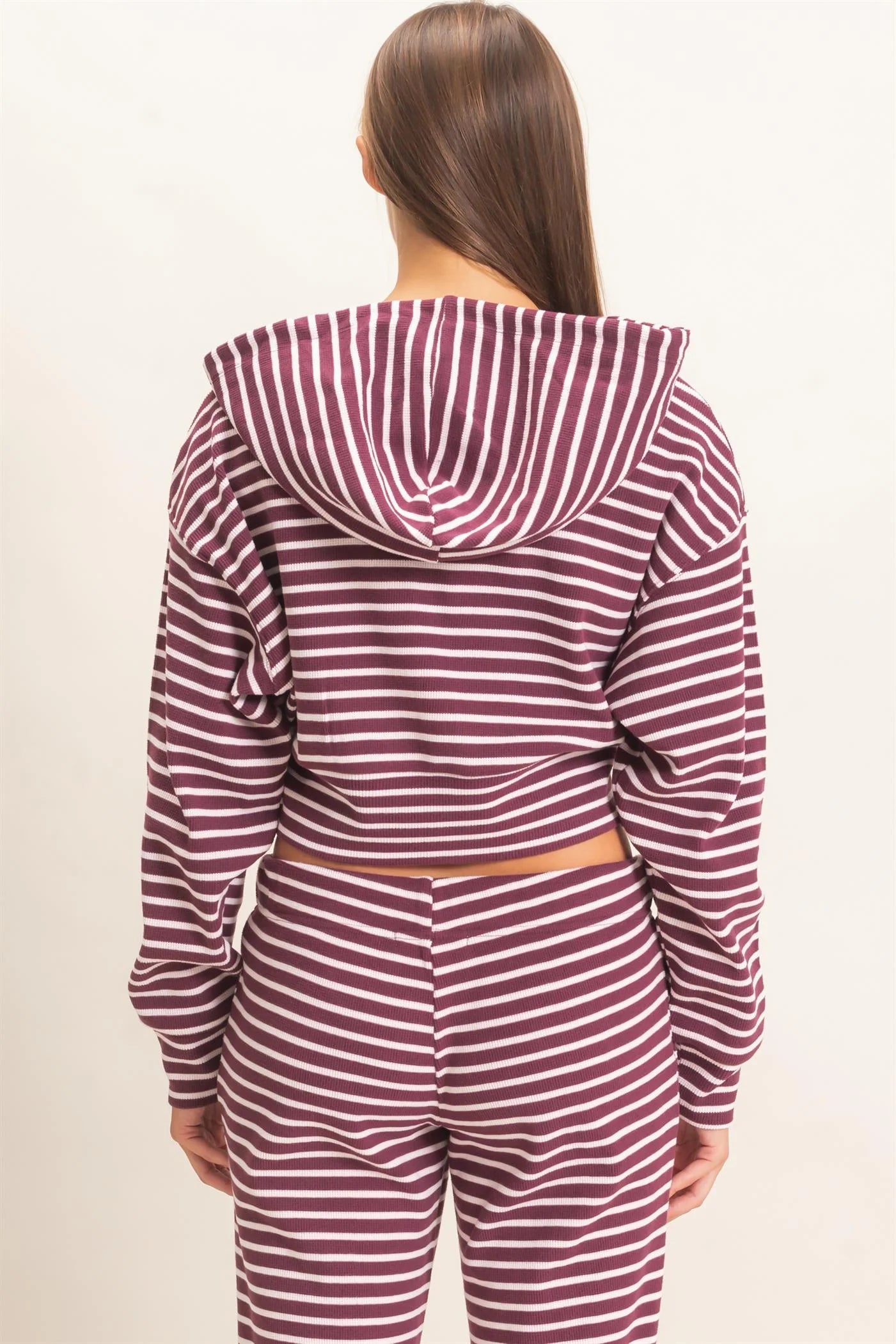 Stripe Waffle Knit Hoodie in Dark Cherry