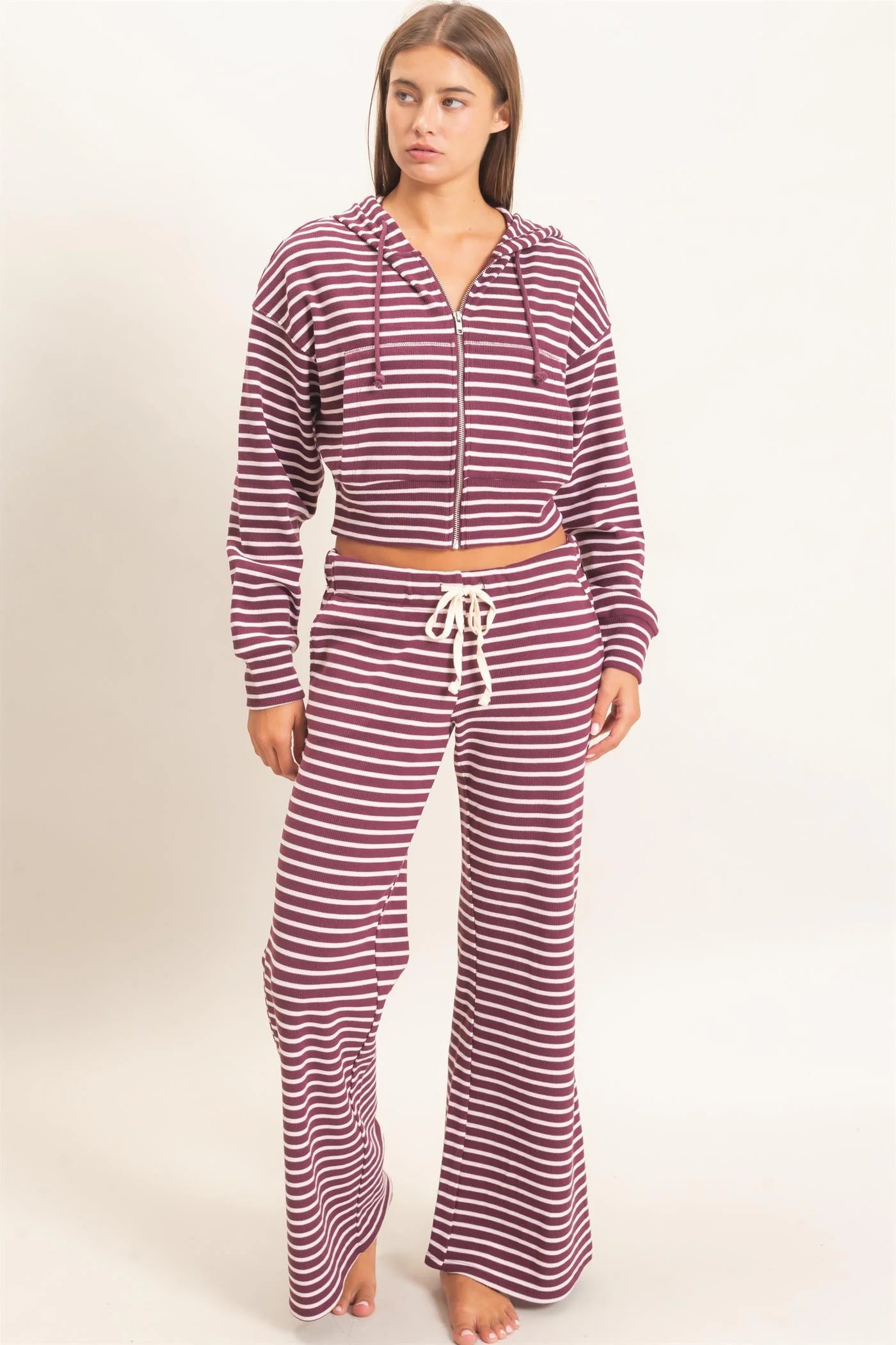 Stripe Waffle Knit Pants Dark Cherry