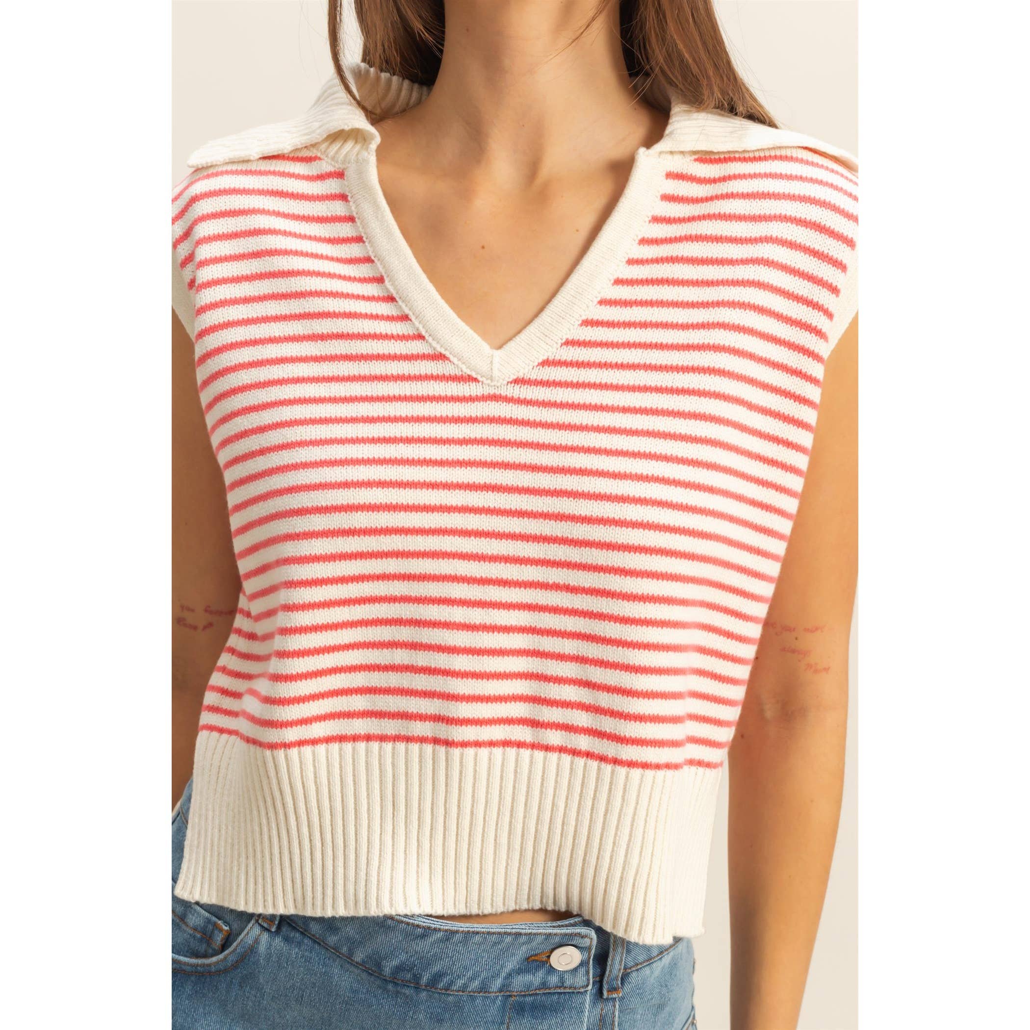 Striped Knit Collared Sleeveless Top