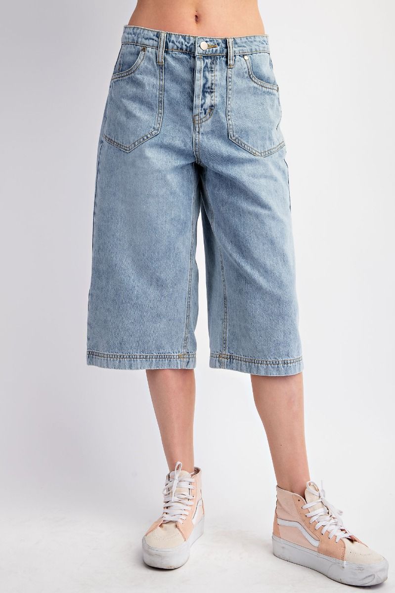 Washed Denim Midi Pants