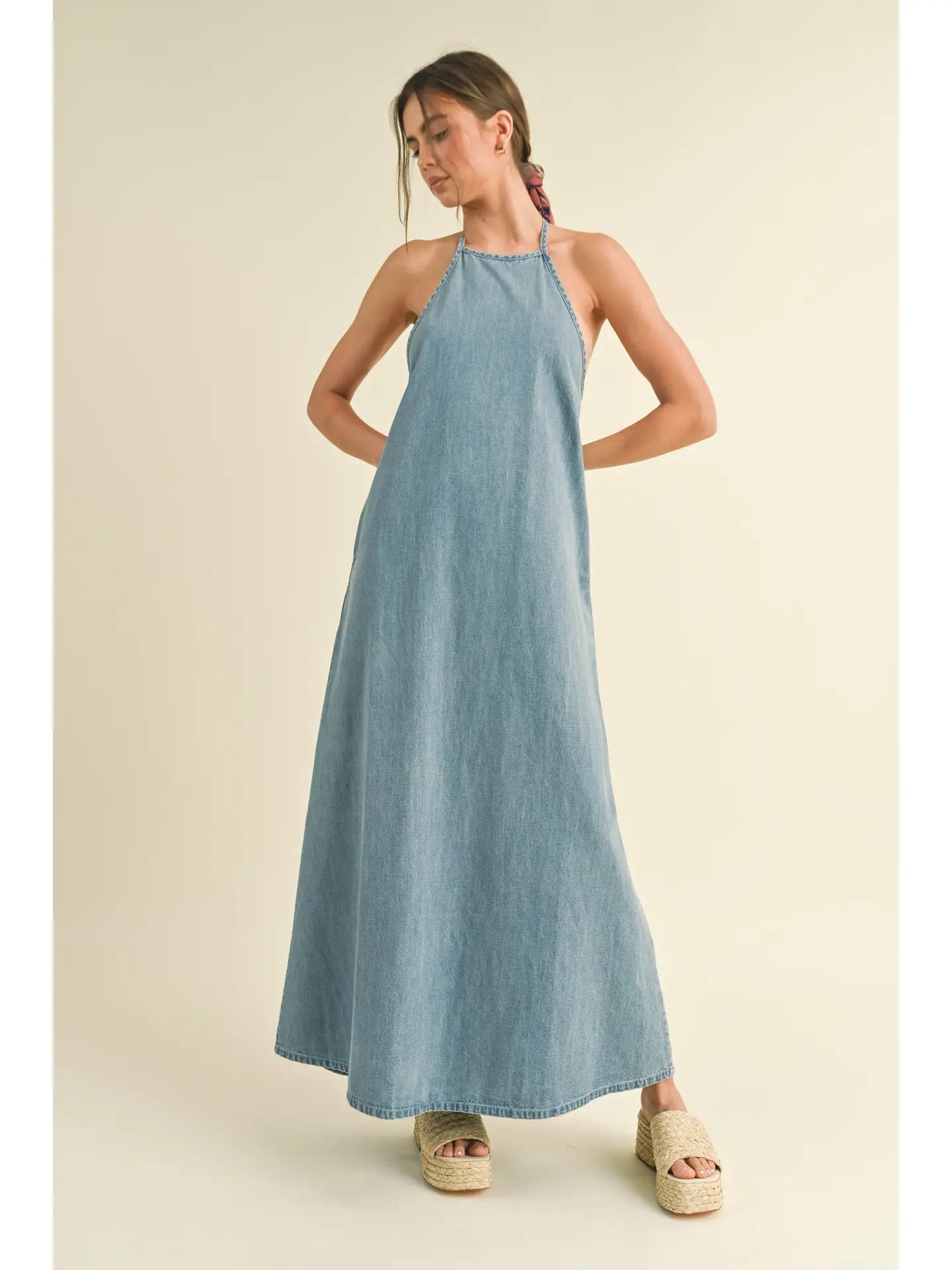 Washed Denim Halter Maxi Dress