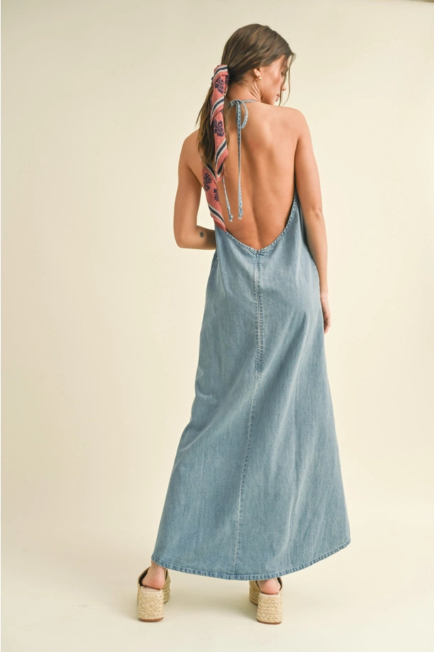 Washed Denim Halter Maxi Dress