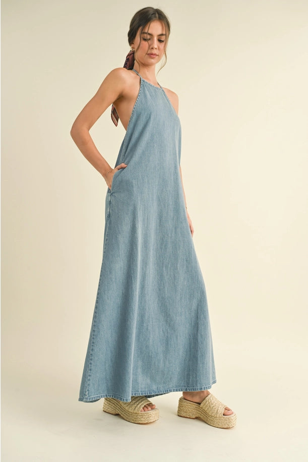 Washed Denim Halter Maxi Dress