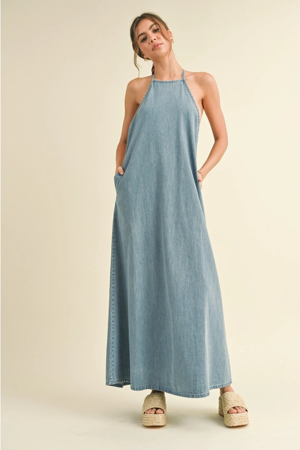 Washed Denim Halter Maxi Dress