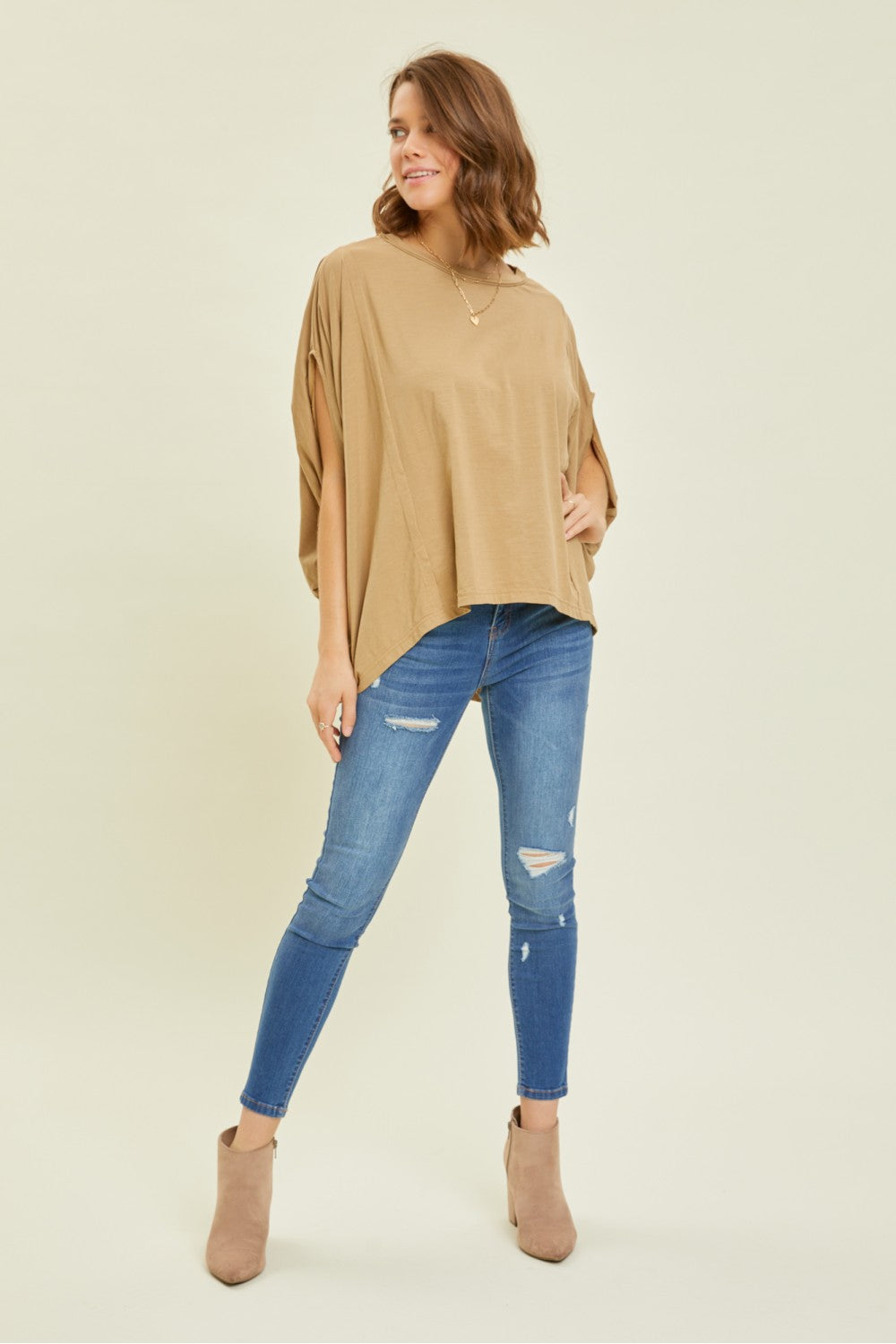 Oversized Draped Sleeve Top in Mocha 40%off use code sale40