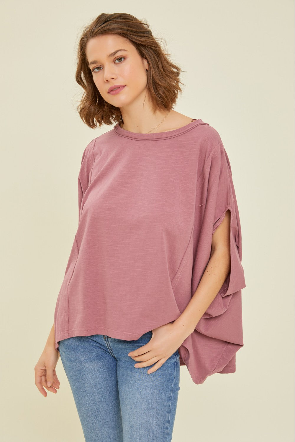 Oversized Draped Sleeve Top in Light Plum 40% off use code sale40