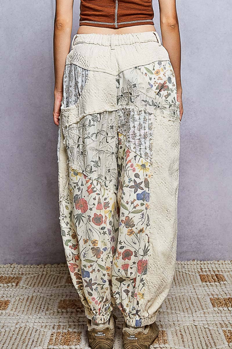 Jacquard Floral Twill Patch Waist Loop Jogger Pants