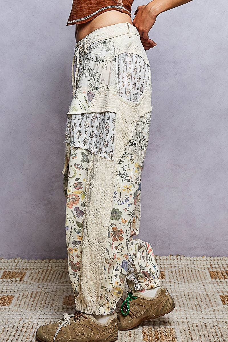 Jacquard Floral Twill Patch Waist Loop Jogger Pants