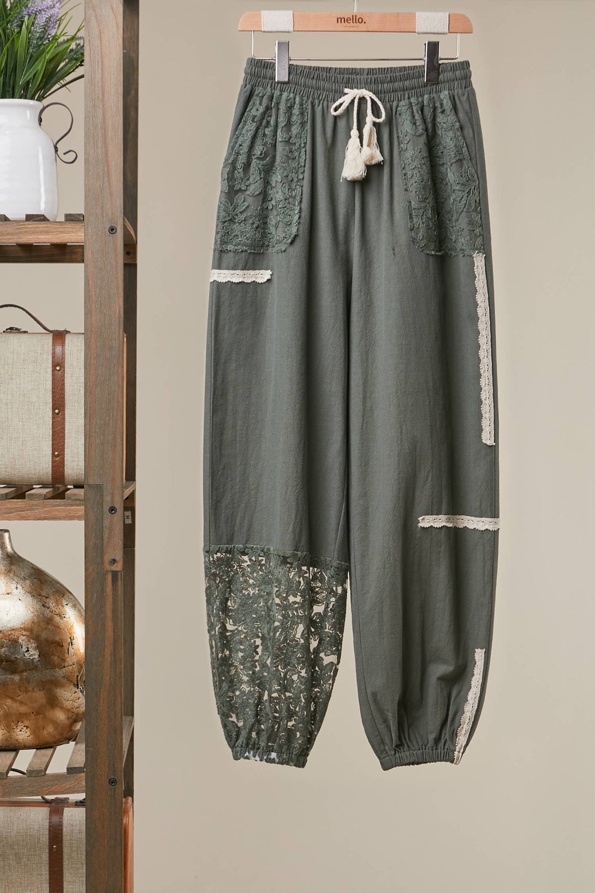 Lace Accents Patchwork Crochet Jogger Pants