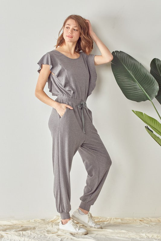 Ruffle Knit Jumpsuit in Charcoal