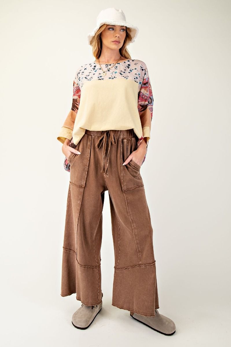 Mineral Washed Terry Wide Leg Pants in Chocolate