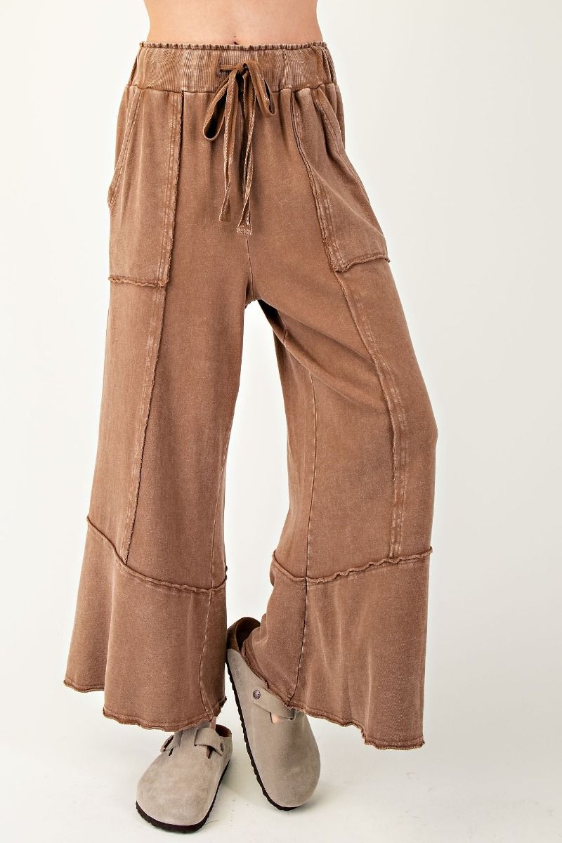 Mineral Washed Terry Wide Leg Pants in Chocolate