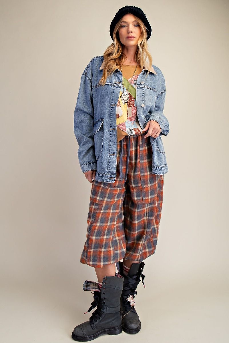 Plaid Cropped Flannel Pants in Rust/Grey