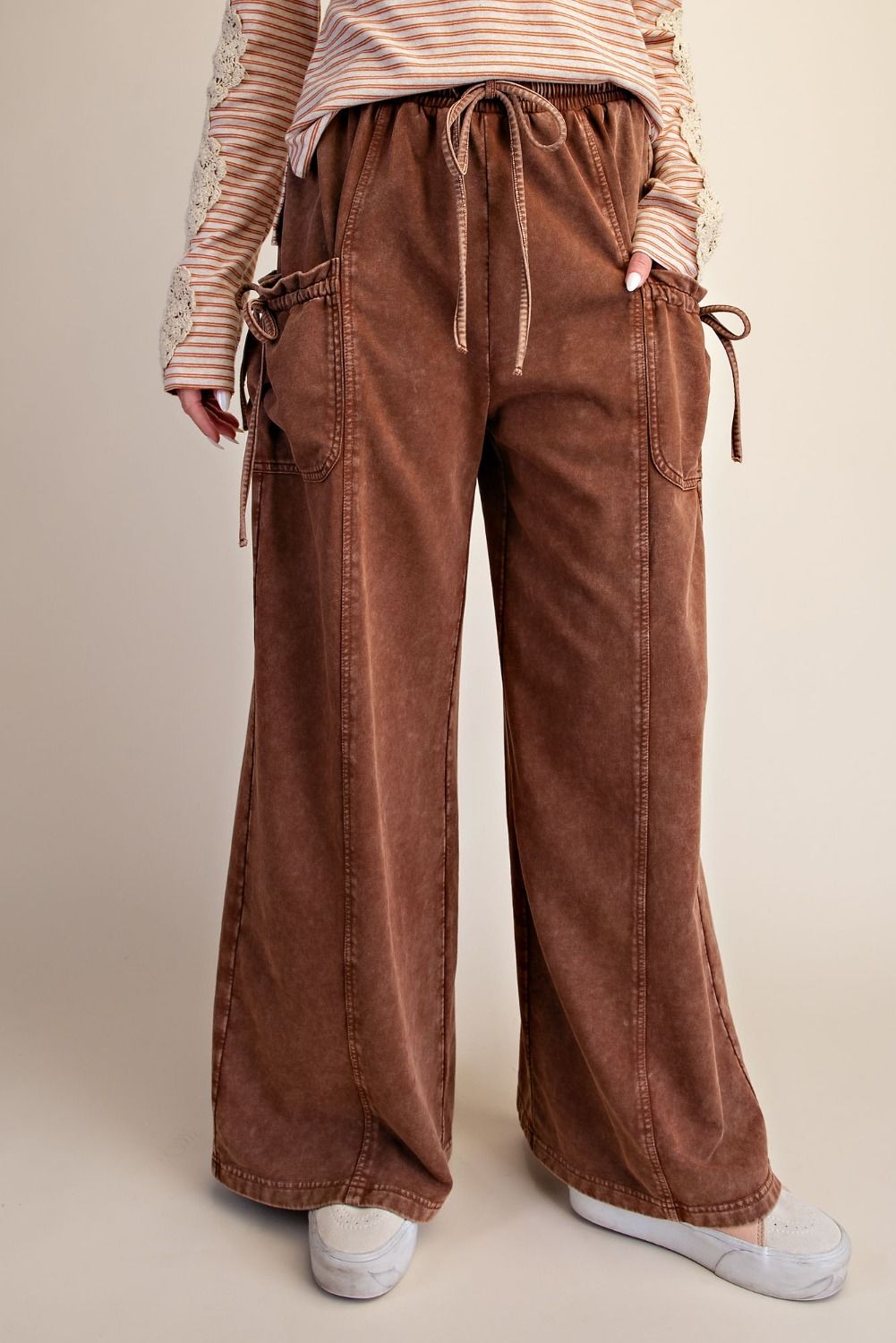 French Terry Wide Leg Cargo Pants in Coffee
