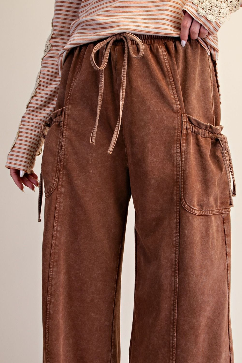 French Terry Wide Leg Cargo Pants in Coffee