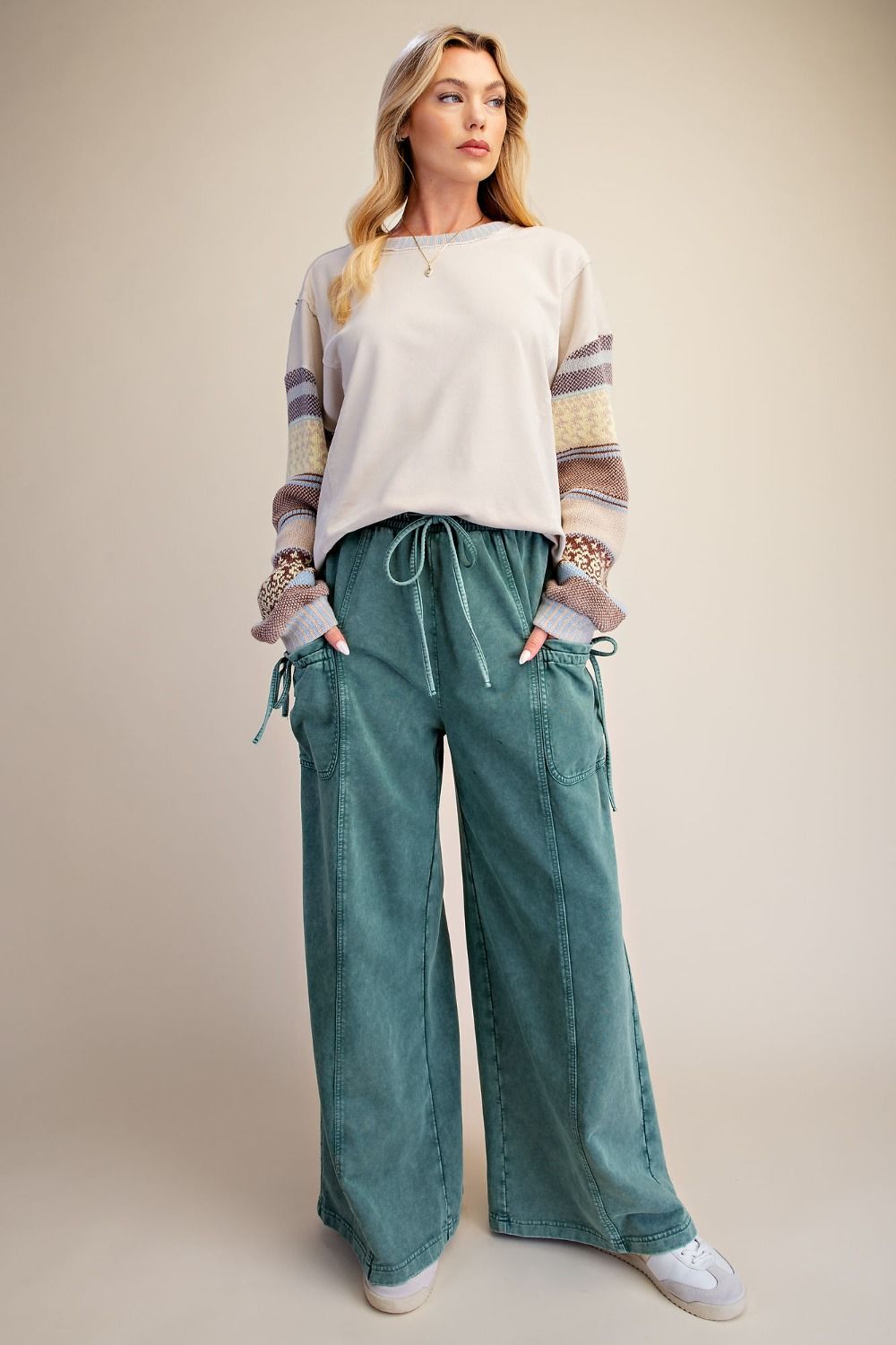 French Terry Wide Leg Cargo Pants in Pine Green