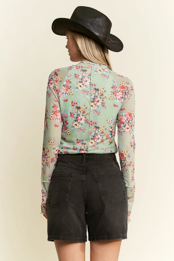 Mock Neck Floral Mesh Top in Light Sage