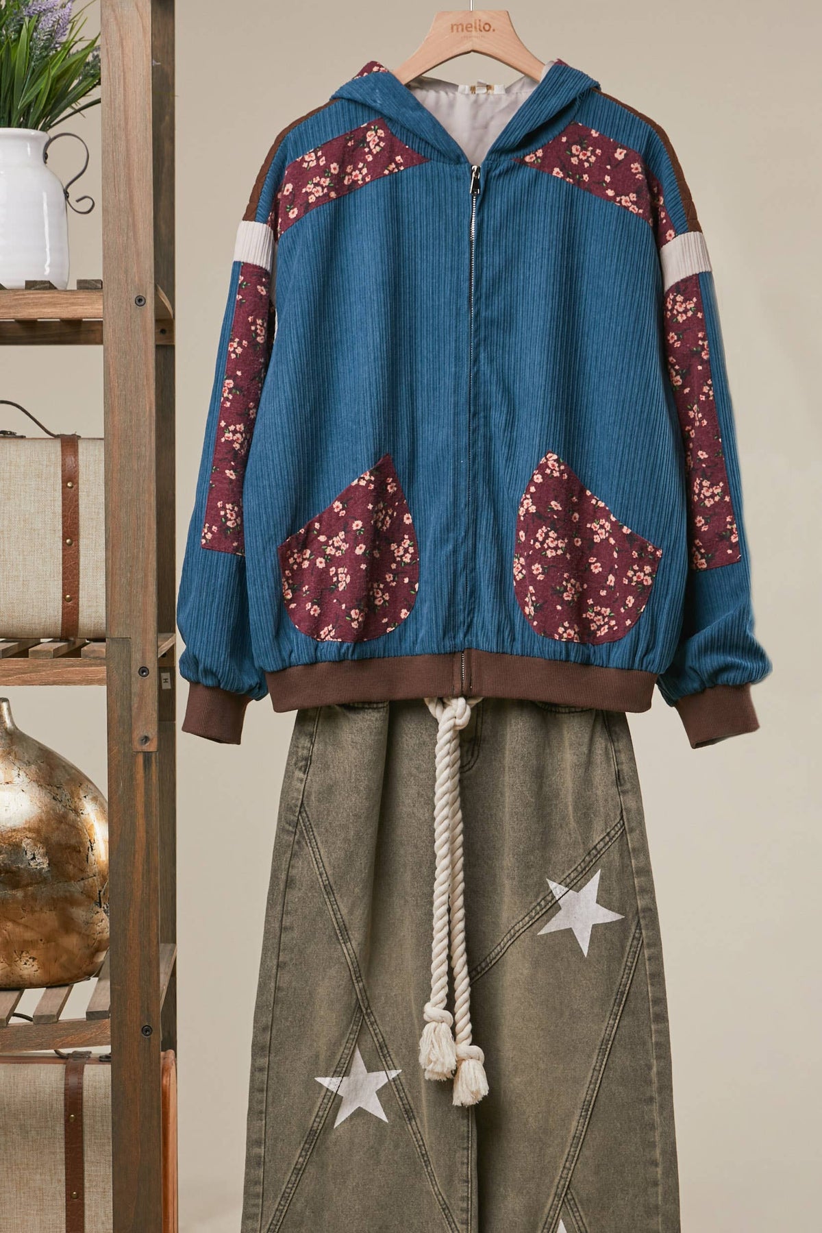 Corduroy Vintage Floral Patch Zip Hoodie