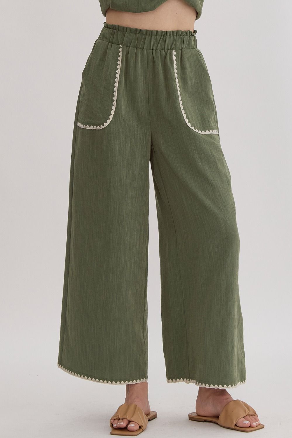 Detail Trim Top and Pant Set in Olive