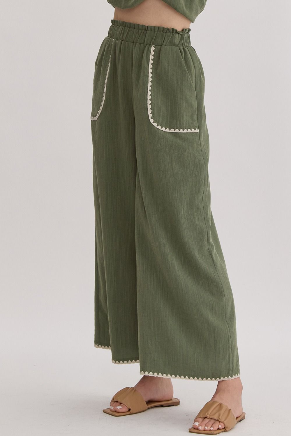 Detail Trim Top and Pant Set in Olive