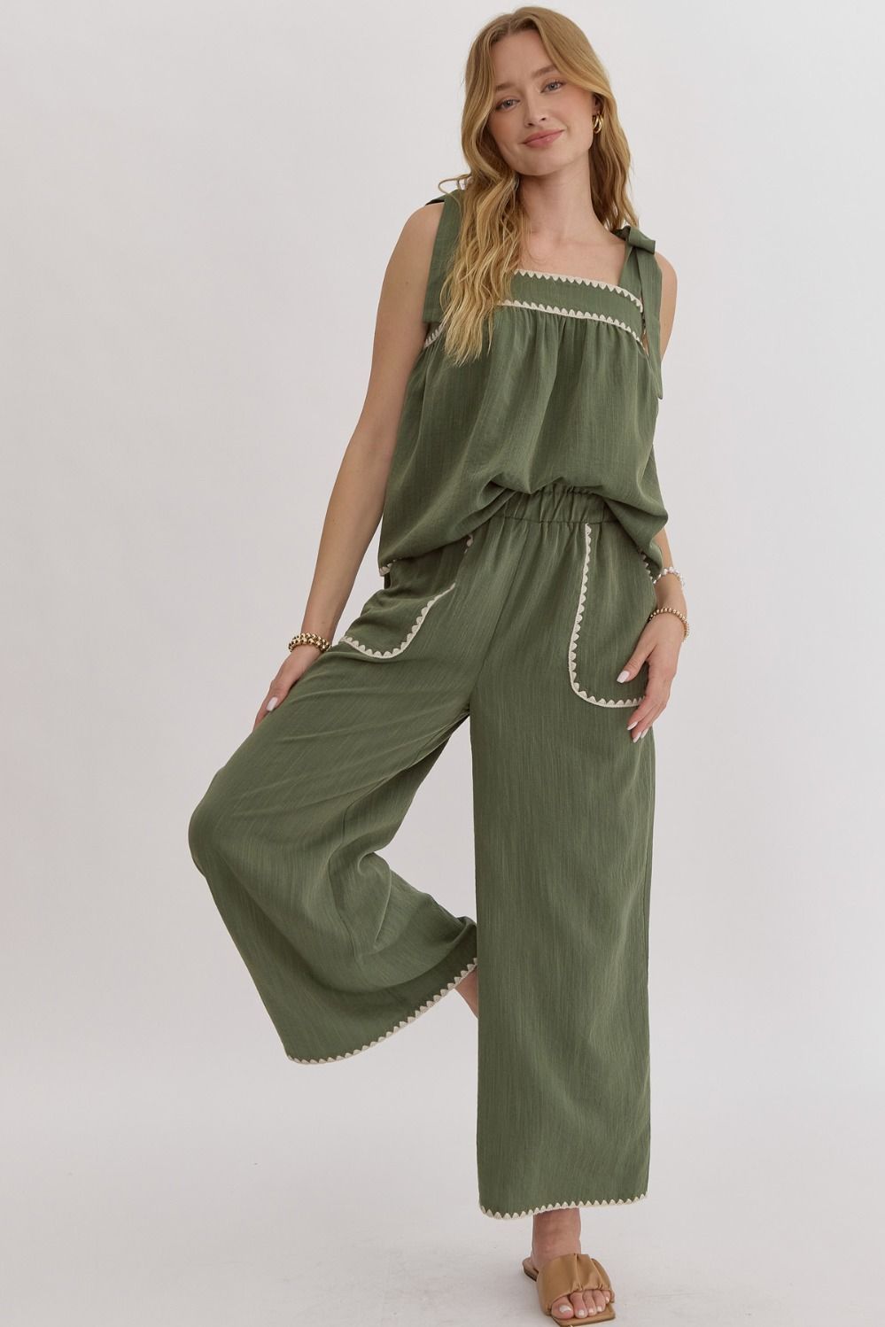 Detail Trim Top and Pant Set in Olive