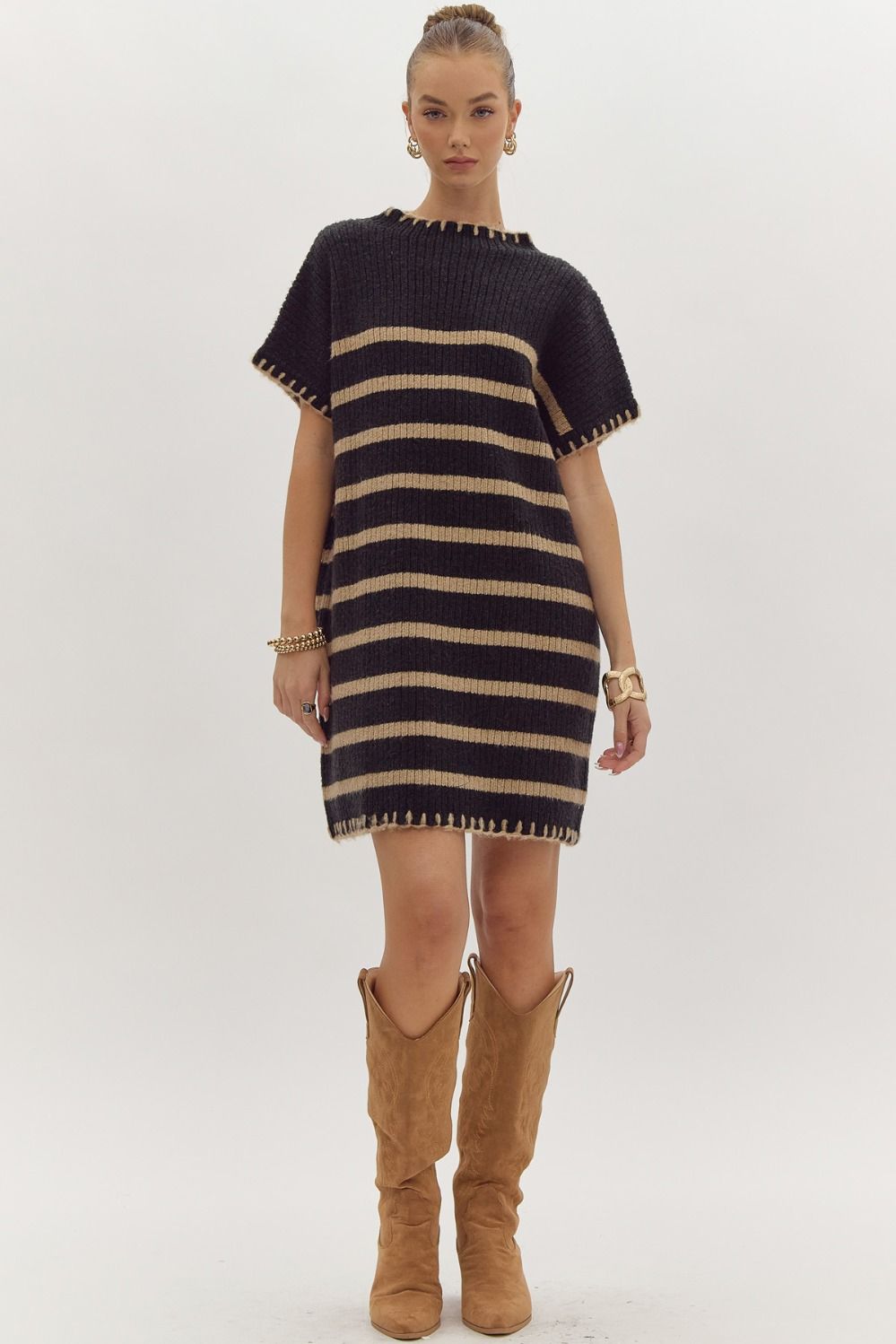 Striped High Neck Mini Dress