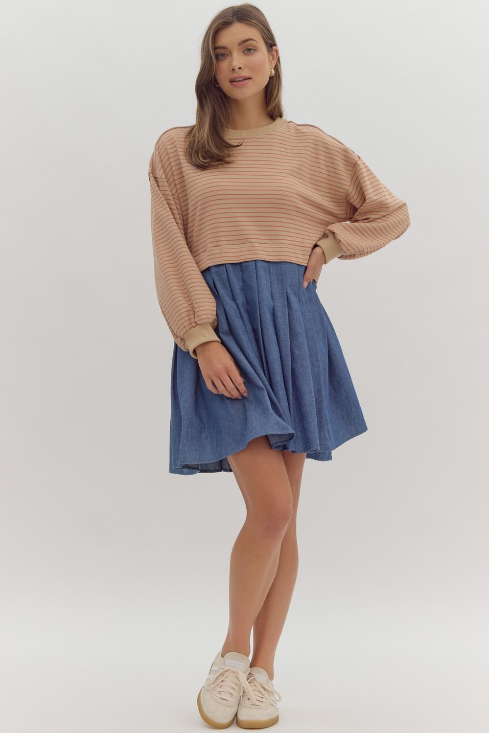 Striped Long Sleeve Twofer Dress in Taupe