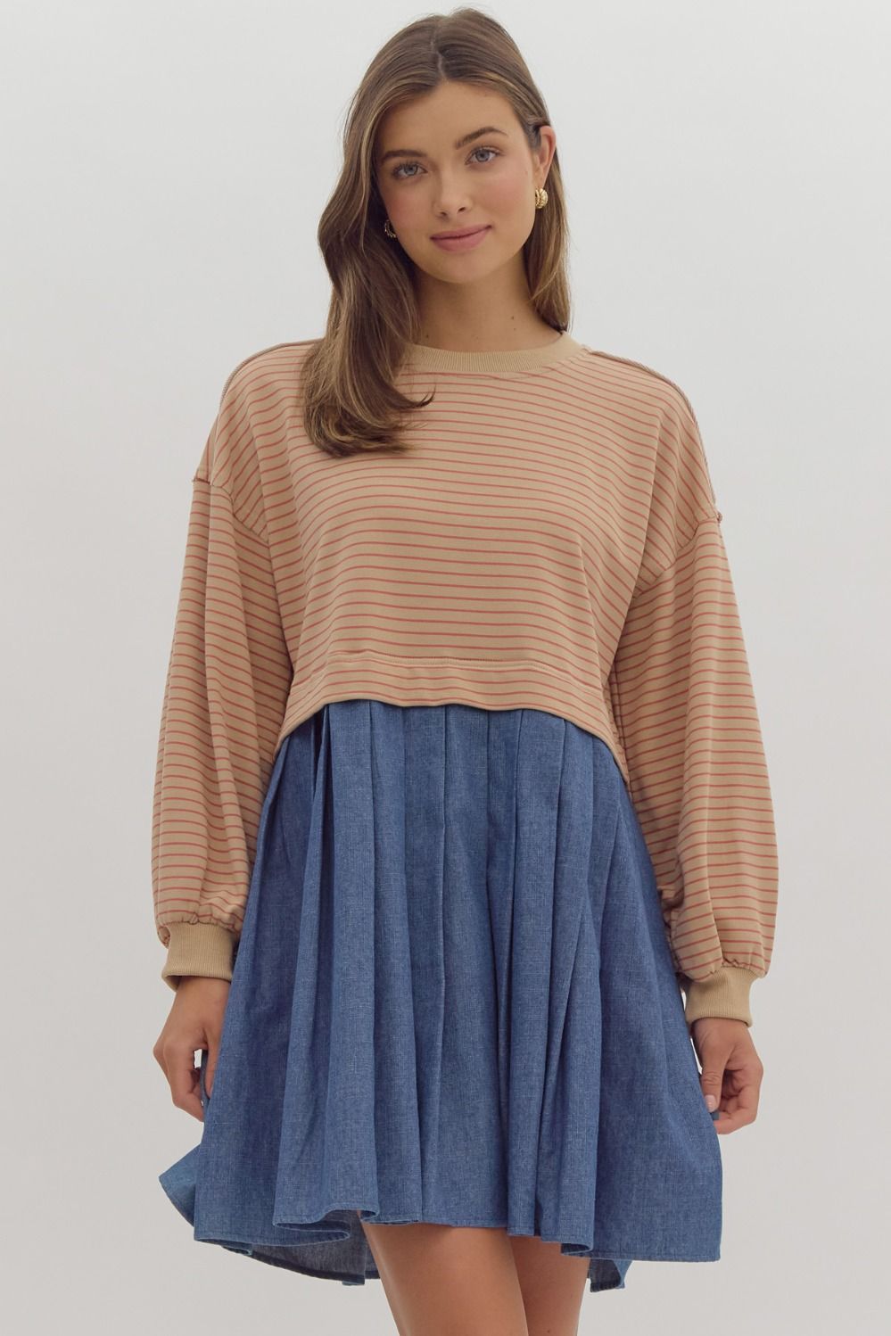 Striped Long Sleeve Twofer Dress in Taupe