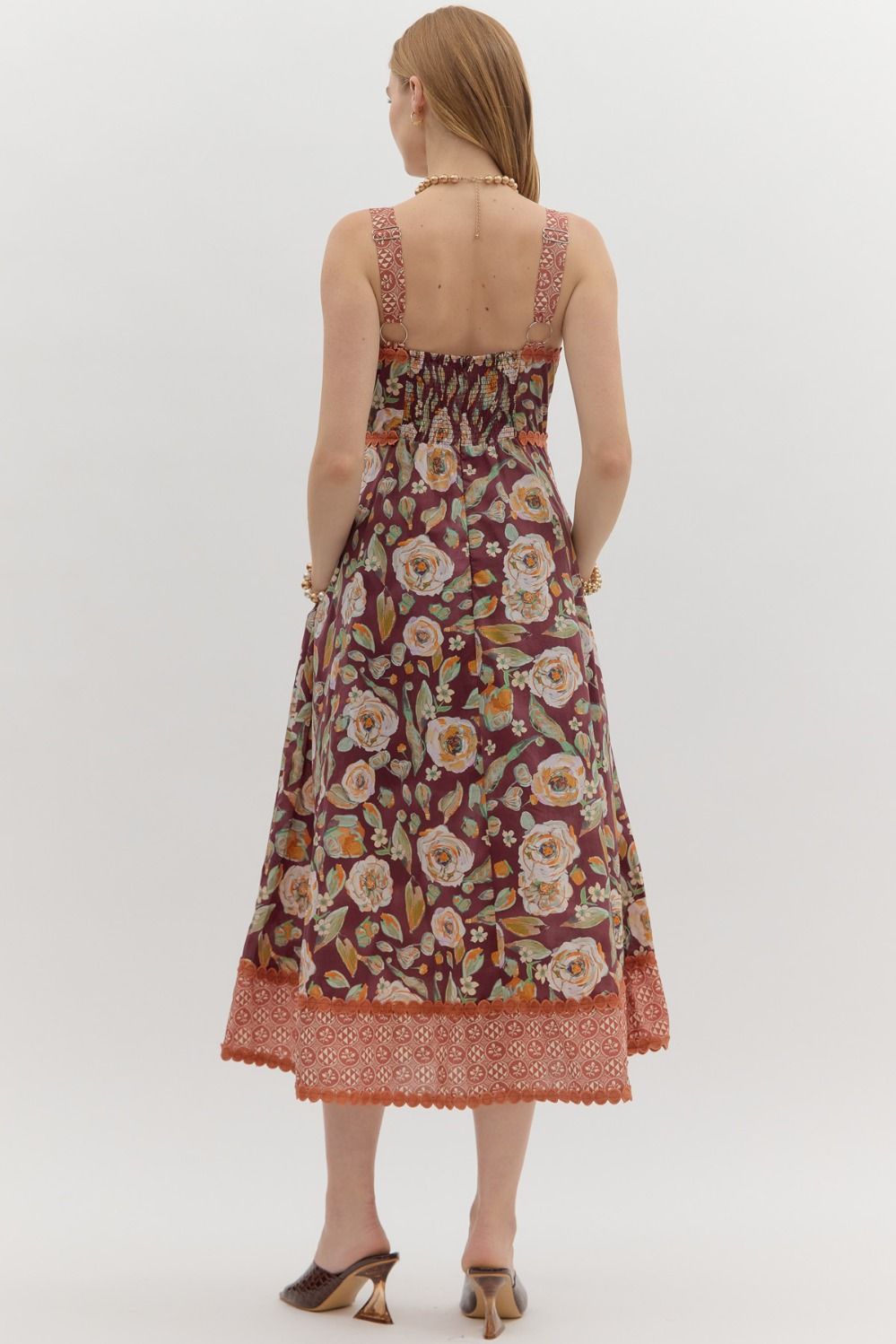 Floral Print Midi Dress in Burgundy